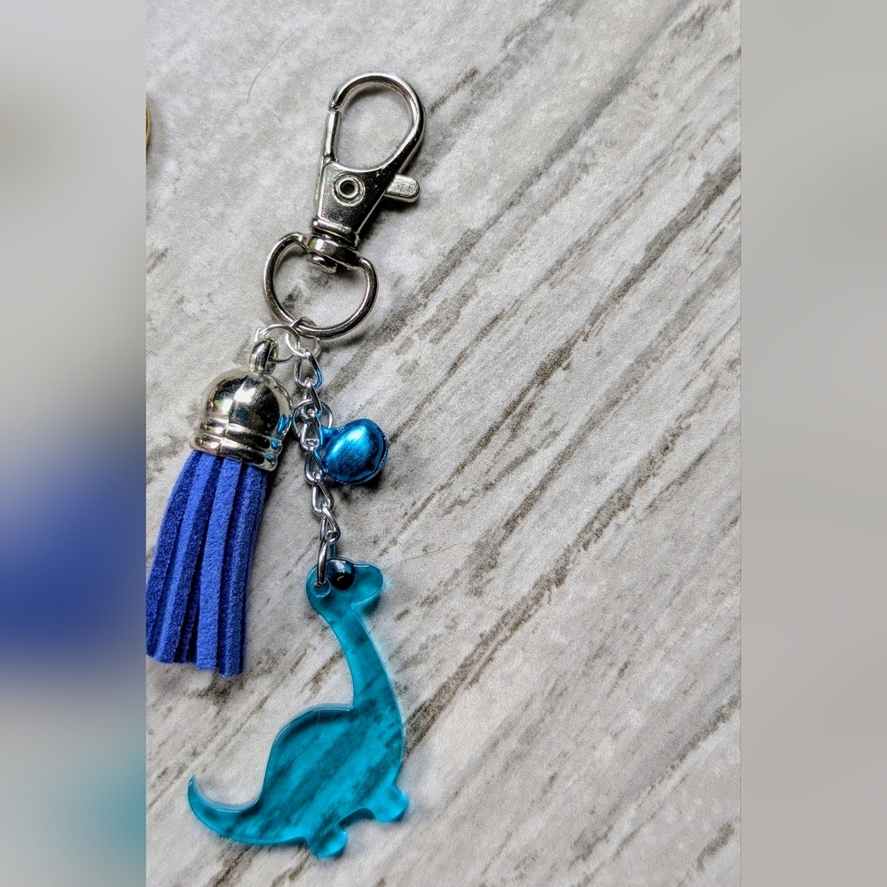 Blue Dinosaur Bag Charm With Tassel
